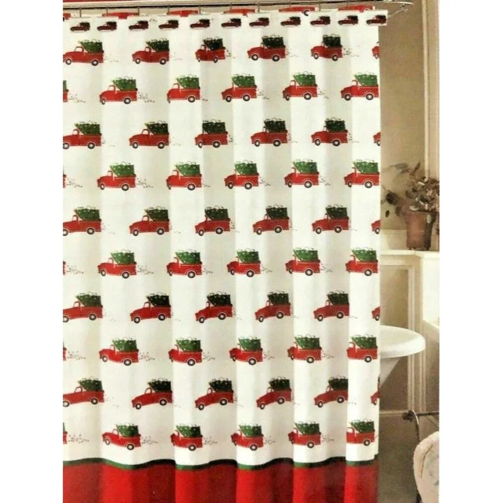 Christmas Red Farm Truck Tree w/ Hooks Fabric Shower Curtain Country Cabin 72x72